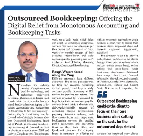Certified as one of the Most Promising Accounting & Bookkeeping Service Providers by the Prestigious siliconindia Magazine for the Year 2020